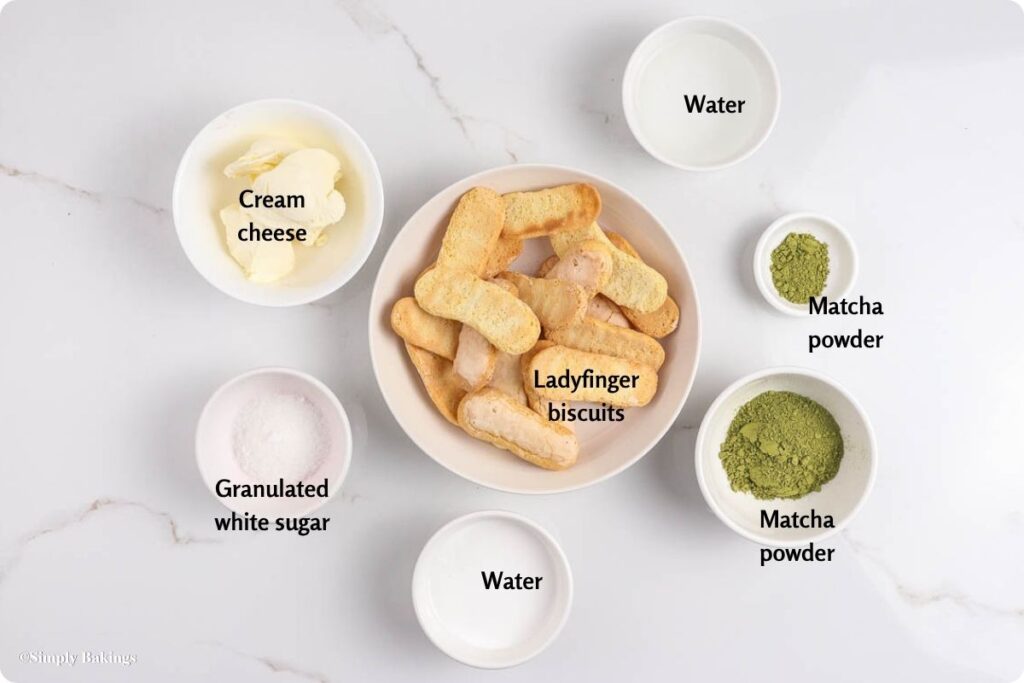 All ingredients for Matcha Tiramisu in separate bowls