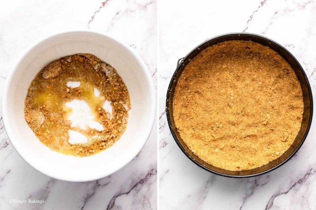 Graham cracker crumbs, sugar, and butter in a bowl and pan