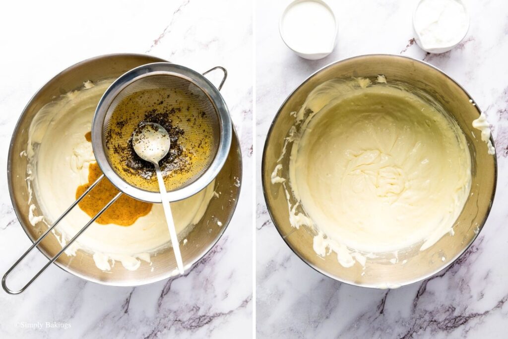 Straining passion fruit pulp into a bowl of batter