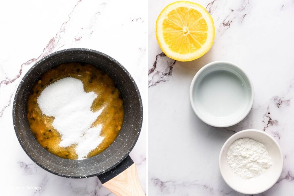 Passion fruit pulp and sugar in saucepan