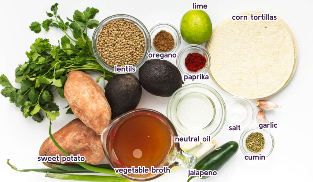 All Lentil Tacos ingredients in separate white bowls