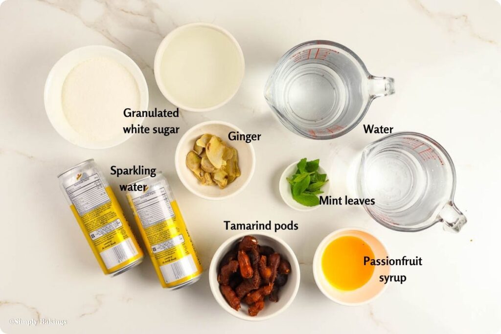All ingredients for Tamarind Drink in separate bowls