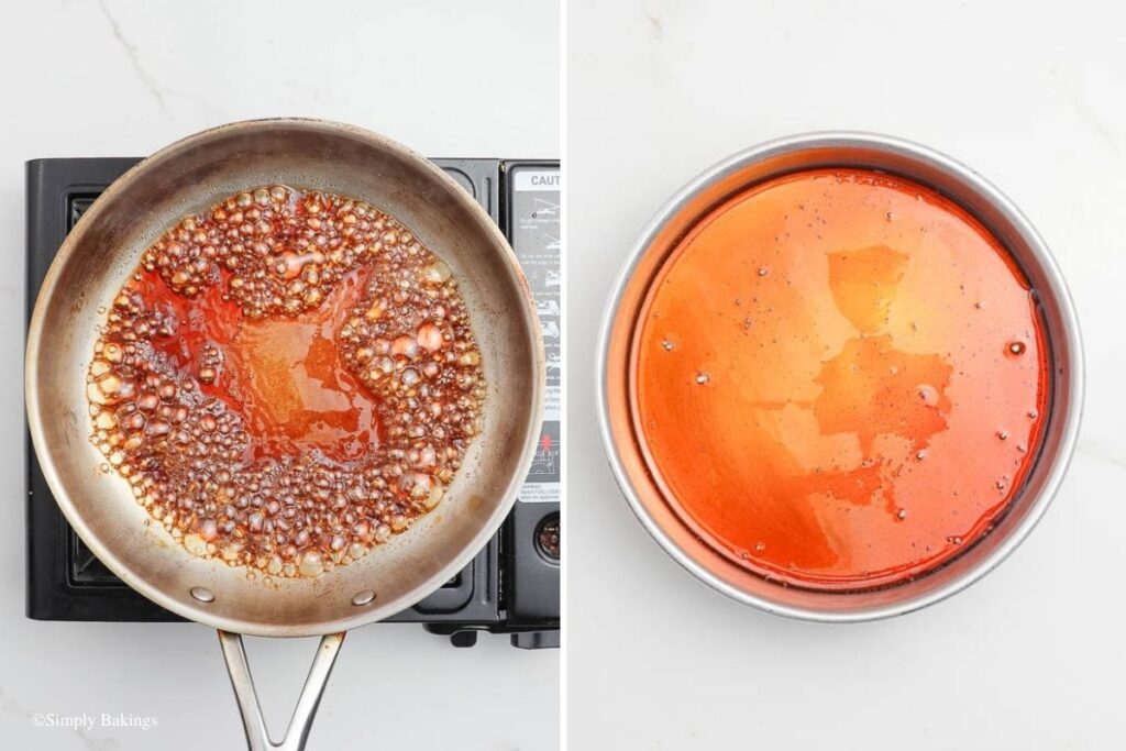 caramelized the sugar in a nostick skillet then poured into a 8-inch cake pan