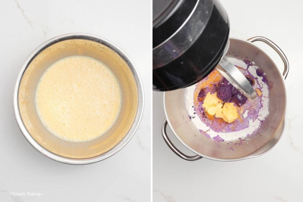 prepared ube flan and ube cake base in separate mixing bowls