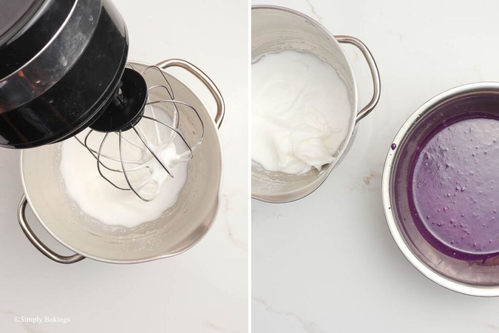 whisked the egg whites, cream of tartar, and remaining sugar until medium stiff peaks form using a stand mixer in a bowl