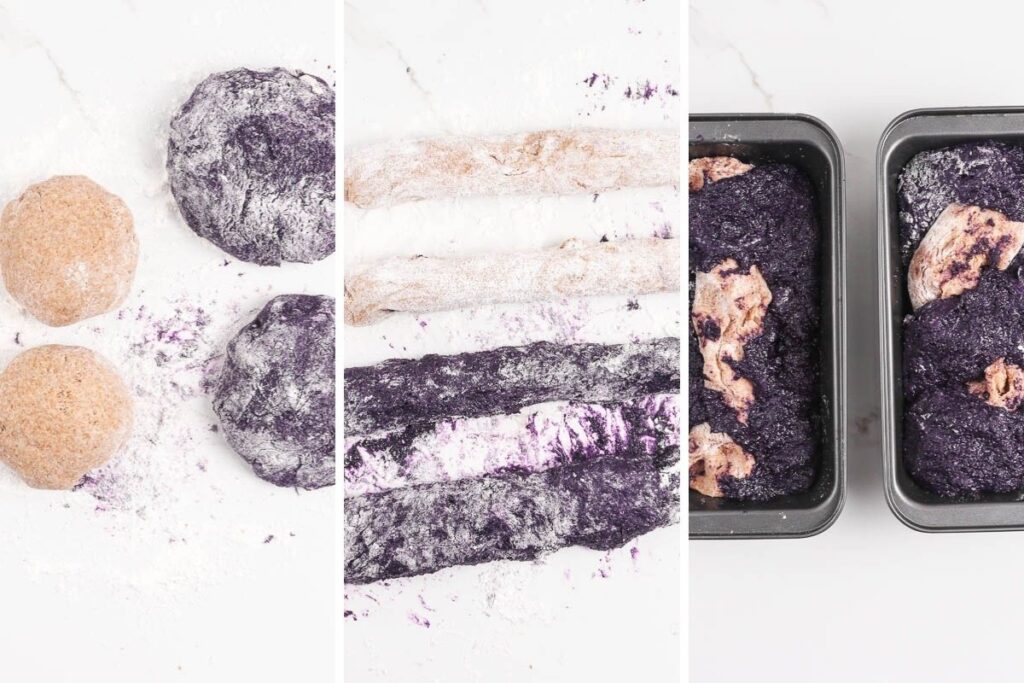 ube dough and coconut milk dough on a slightly floured surface, divided in logs, braided together, and placed into the loaf pans