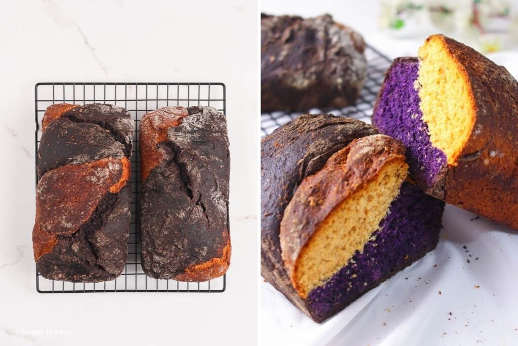 freshly baked coconut ube milk bread on a cooling rack then sliced to be served
