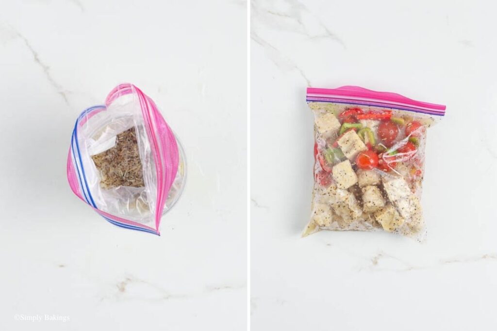 Ziploc bag filled with veggies and tempeh