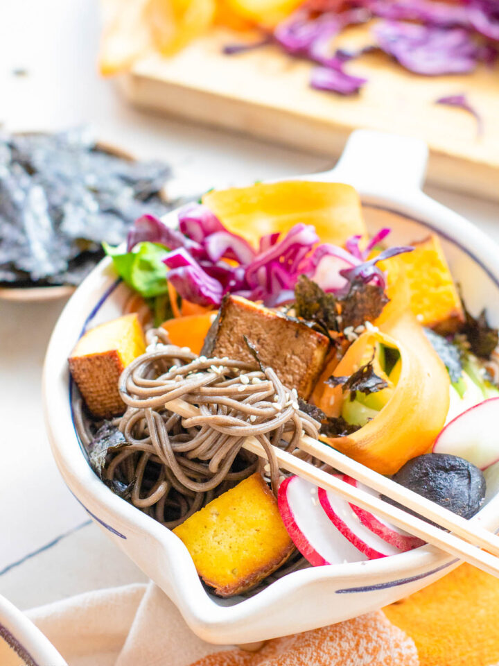 Large bowl filled with Cold Buckwheat Noodle Salad