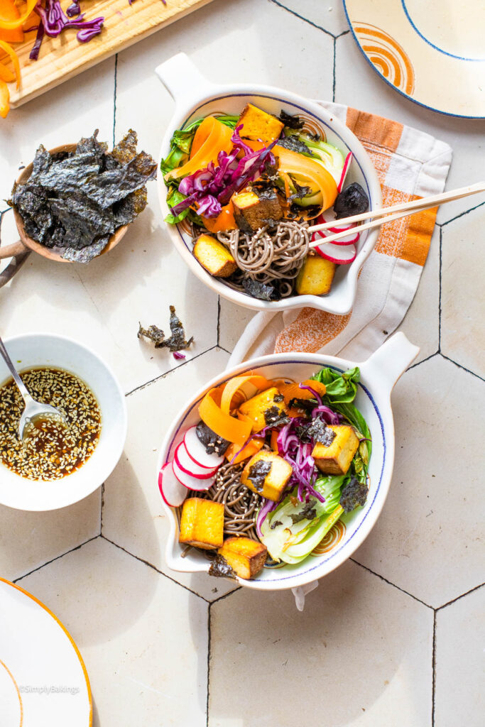 Two serving bowls of Cold Buckwheat Noodle Salad