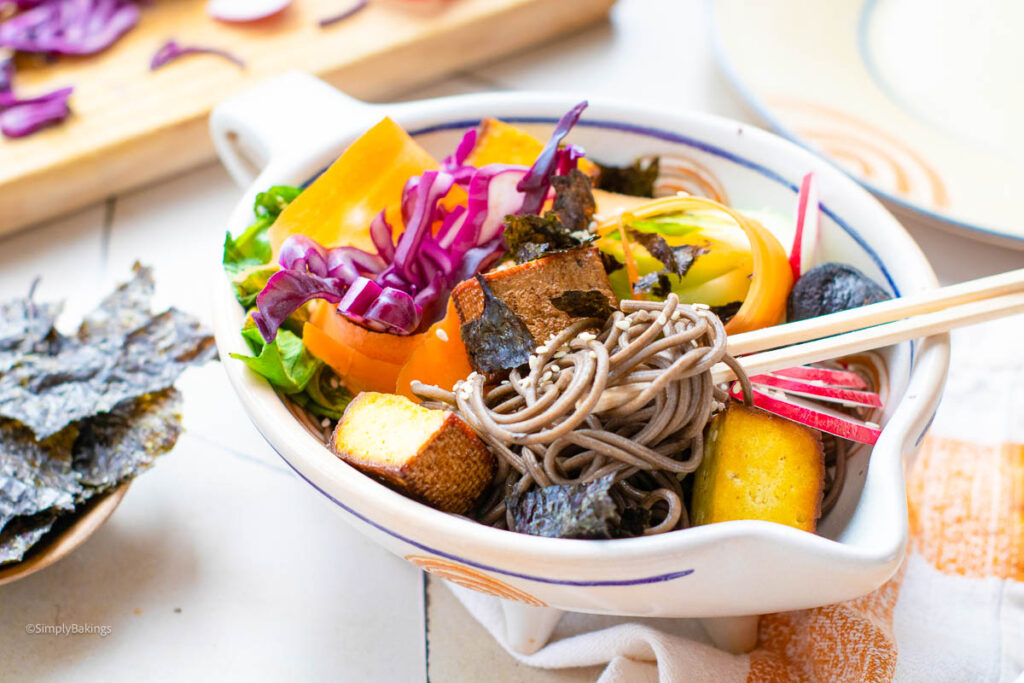 Cold Buckwheat Noddle Salad in a white bowl