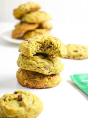 Matcha Cookie stack with a chunk bit off the top one