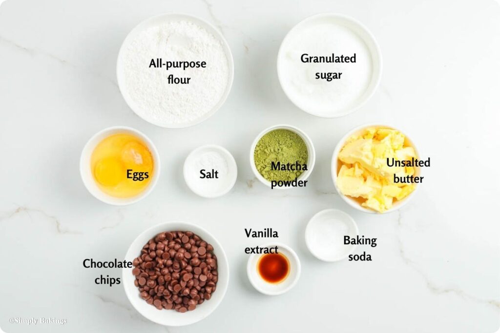 All ingredients for Matcha Cookies in separate bowls