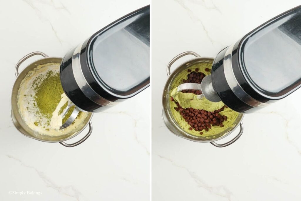 Ingredient mixture added with matcha powder and chips