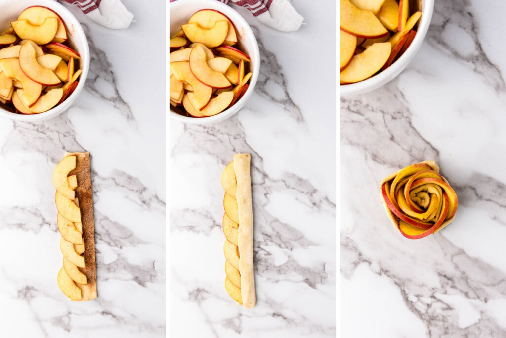 Apple slices arranged on puff pastry sheet strips