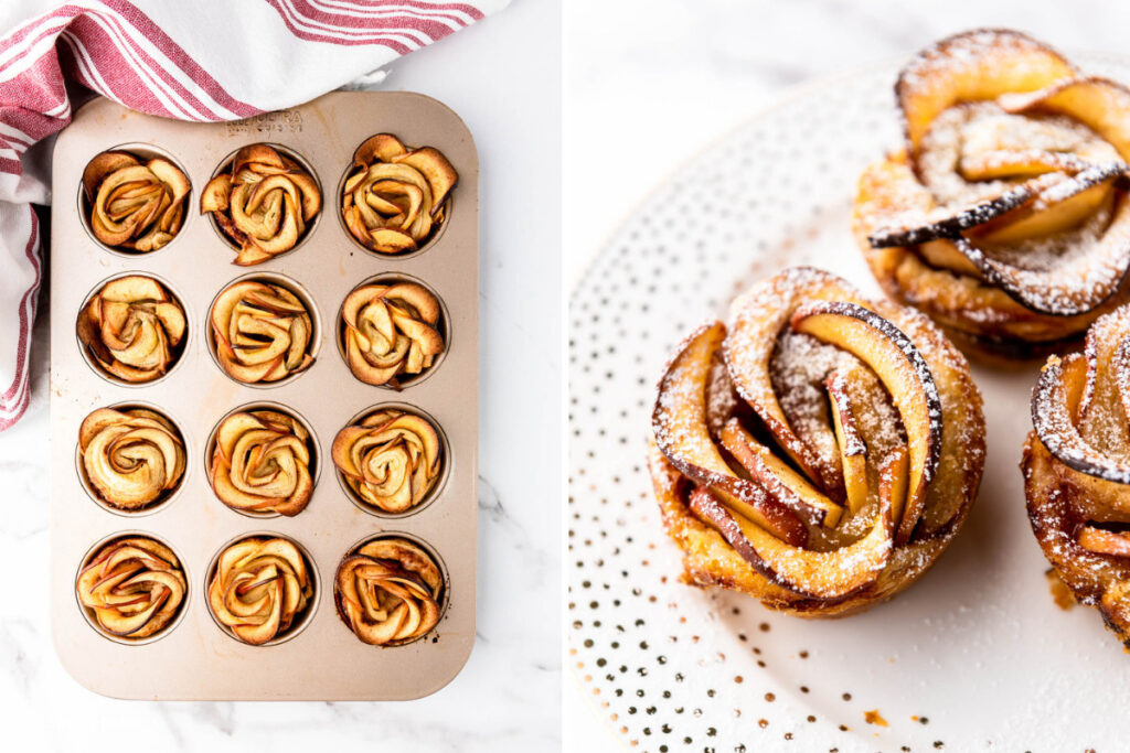 freshly-baked apple roses sprinkled with sugar