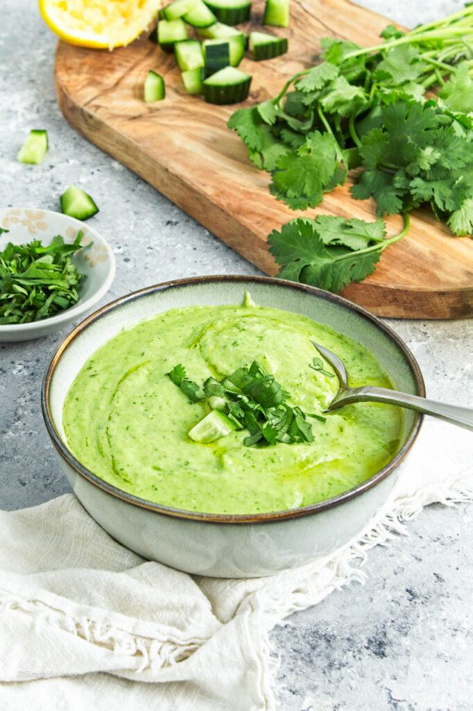 Cucumber Gazpacho bowl with a spoon in it