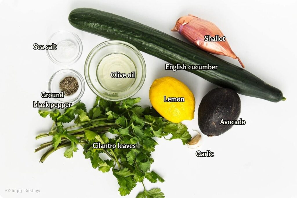 All ingredients for the Cucumber Gazpacho in bowls