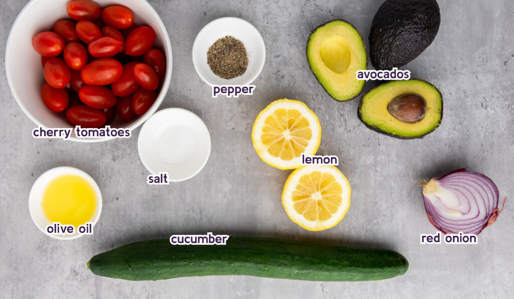 All ingredients for Cucumber Avocado Salsa in separate bowls