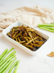A serving of Adobong Sitaw Without Meat in a white rectangular bowl