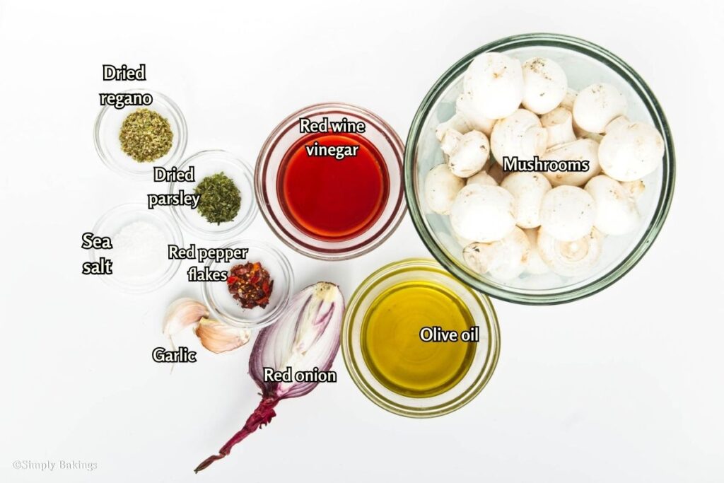 All ingredients for Soy Marinated Mushrooms in bowls