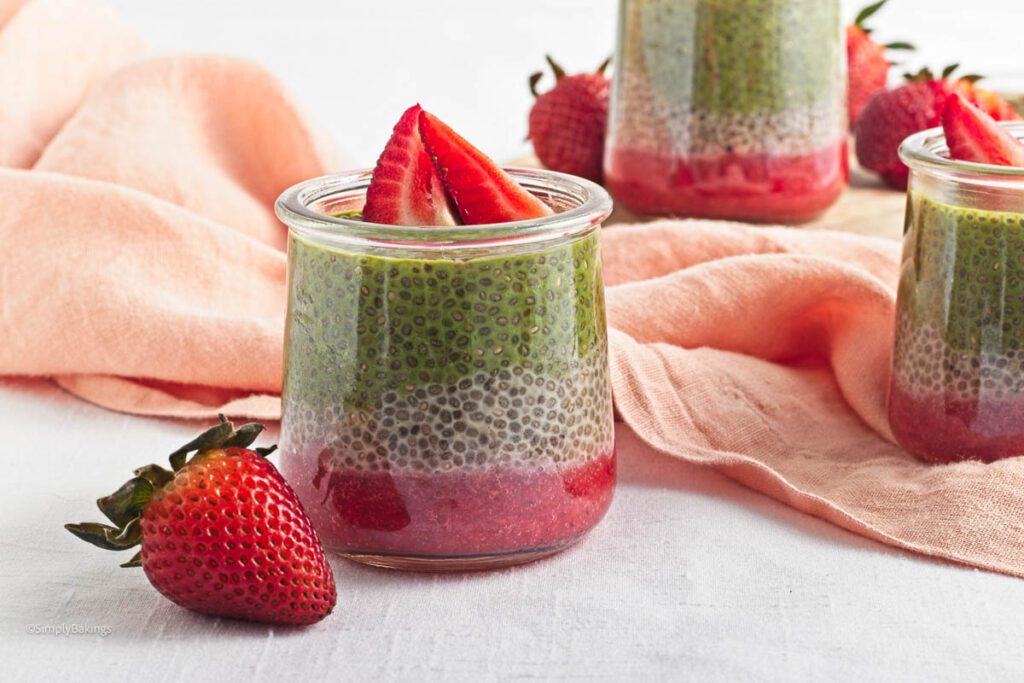 Strawberry Matcha Pudding on a white table