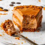 A slice of No-Bake Biscoff Cheesecake next to a fork