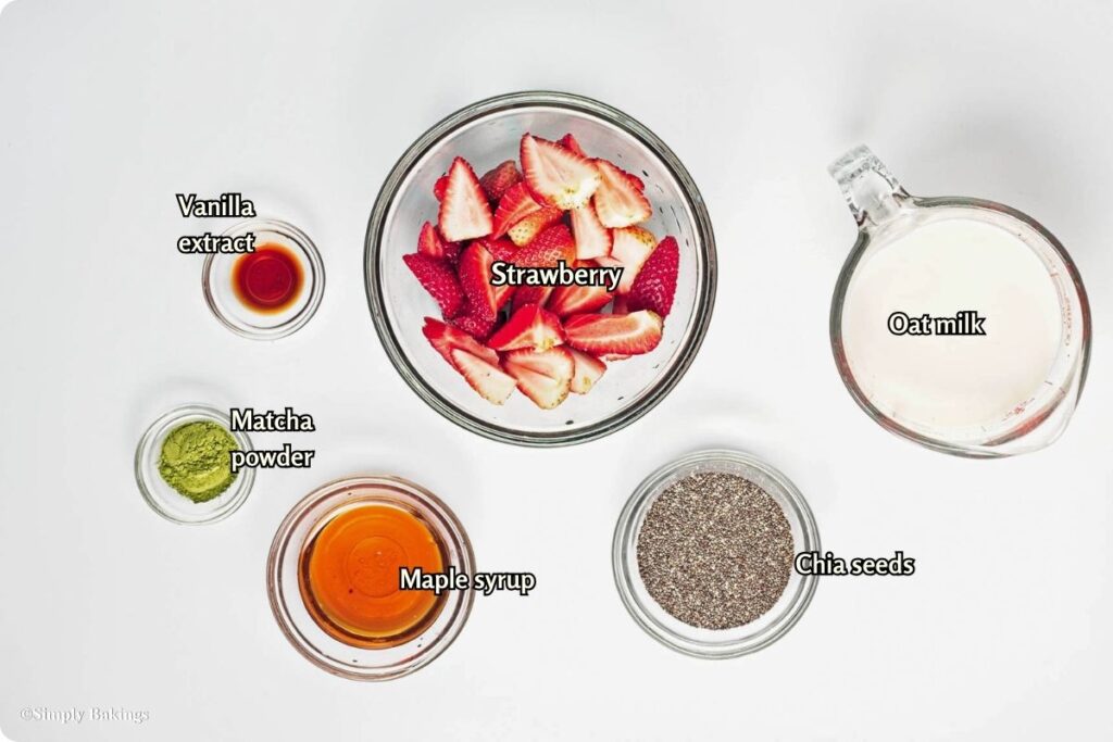 All ingredients for Strawberry Matcha Pudding in bowls
