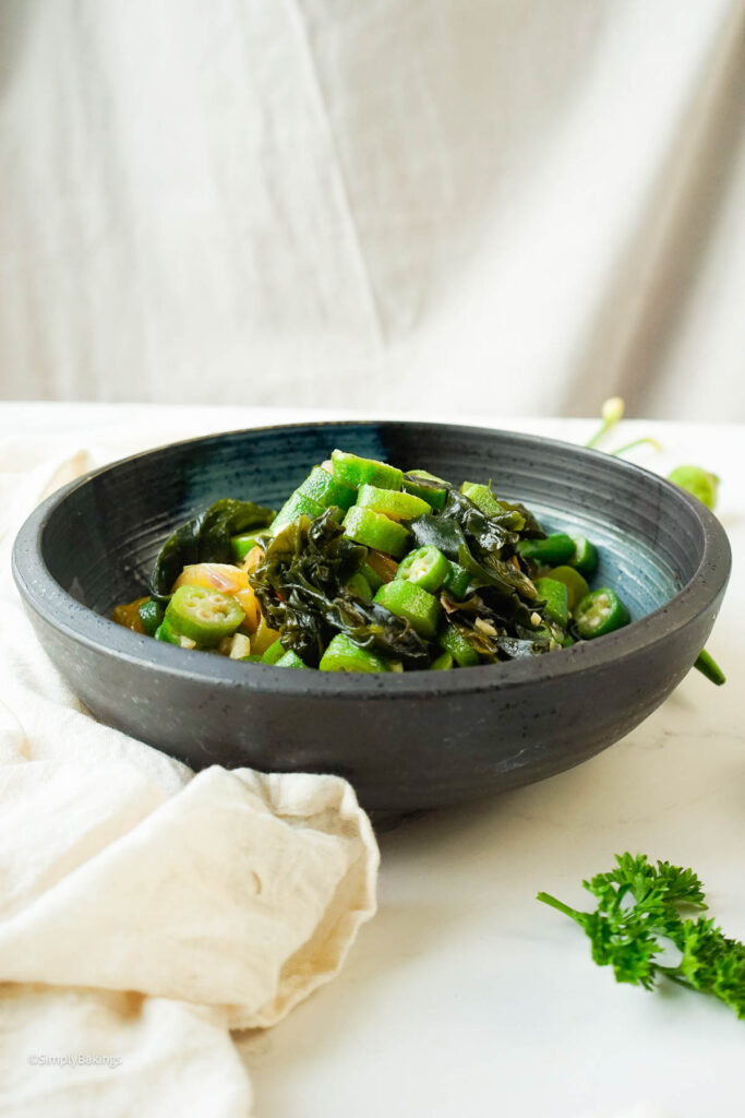 Asian Okra served in a black bowl