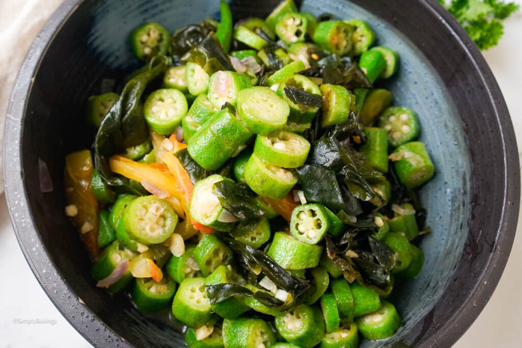 Asian Okra mixture filling up the pan