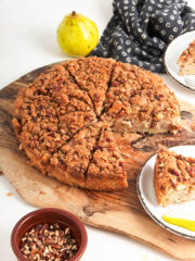 Pear Coffee Cake on a round wooden tray