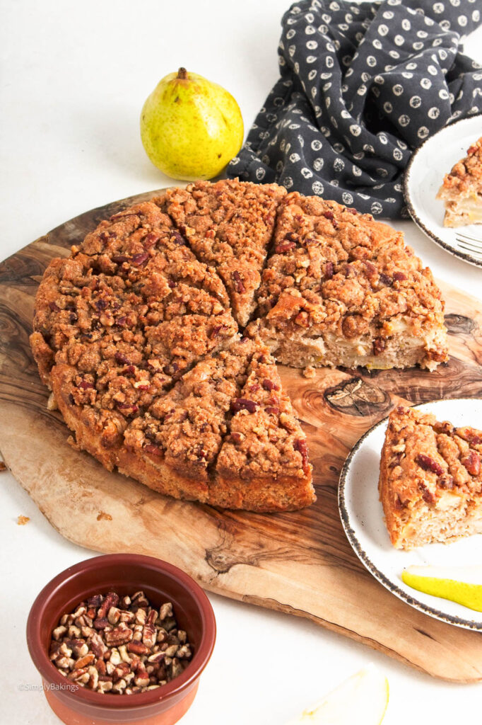 Pear Coffee Cake on a round wooden tray