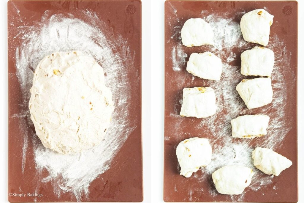 The bread dough divided into eight equal pieces