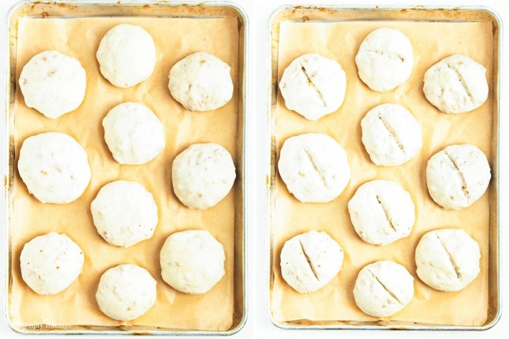 The eight pieces of bread dough sliced at the center
