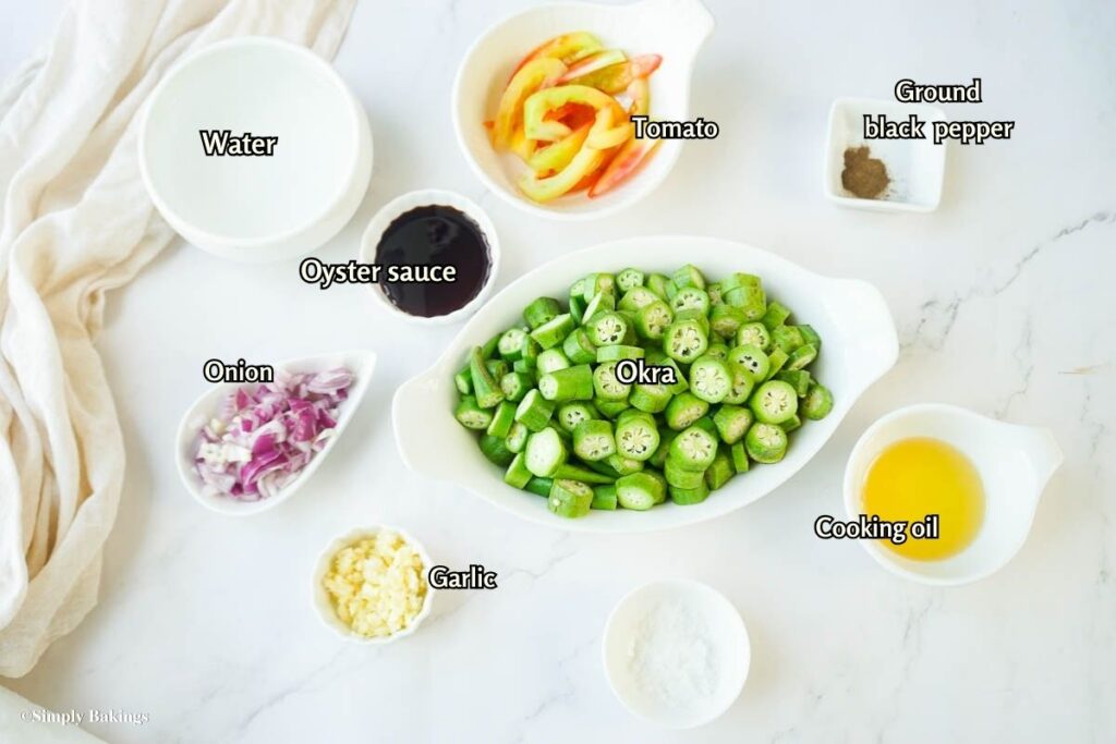 All ingredients of Asian Okra recipe in separate bowls