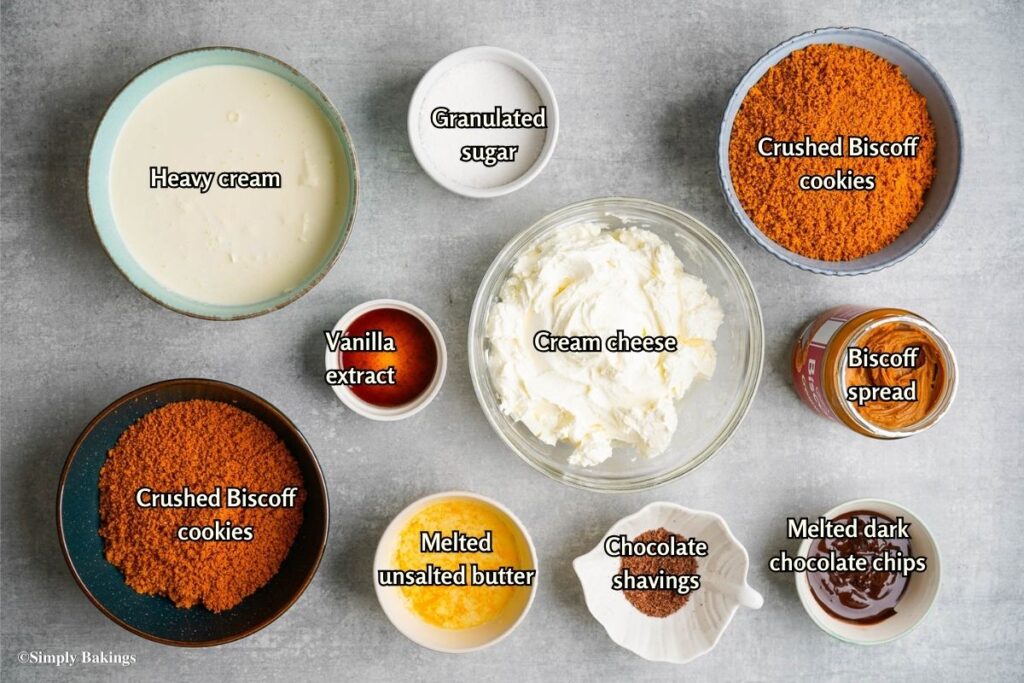 All ingredients for No-Bake Biscoff Cheesecake in bowls
