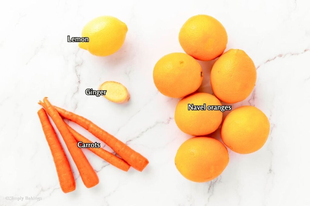 All ingredients for Ginger Orange juice on the table