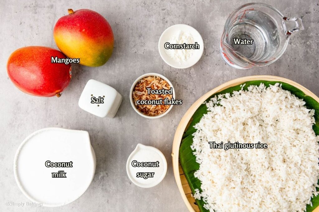 All ingredients for Filipino Mango Sticky Rice in bowls