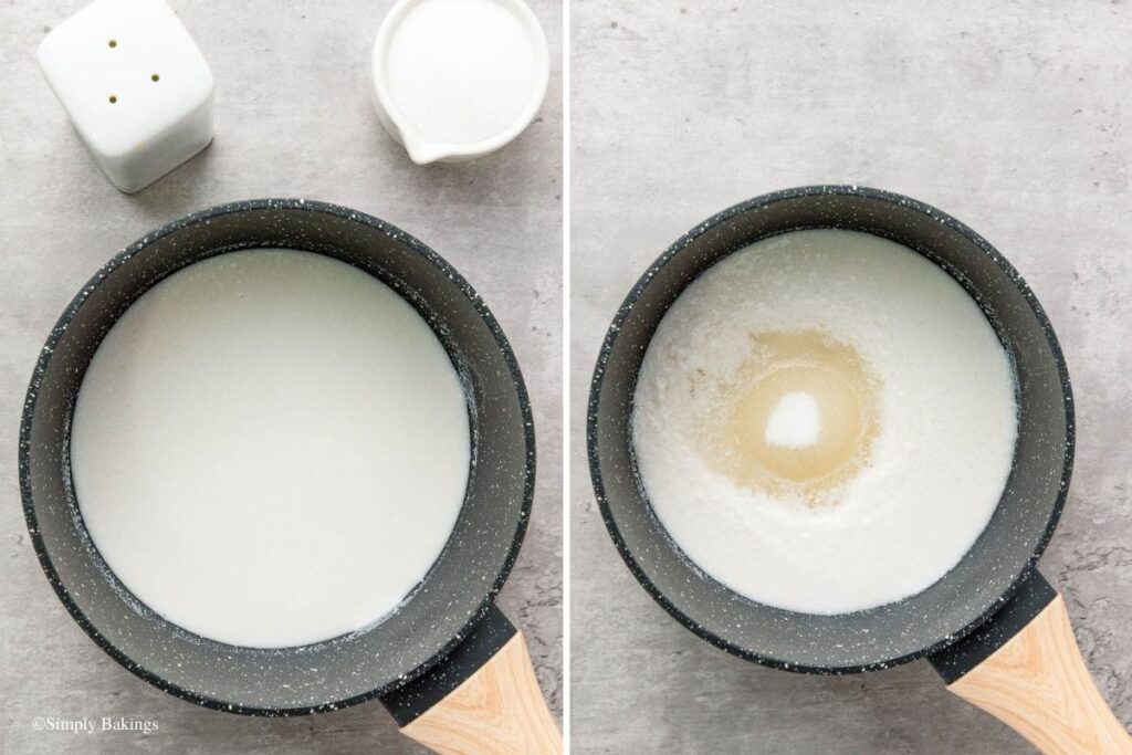 Coconut milk and sugar mixture heating in a saucepan