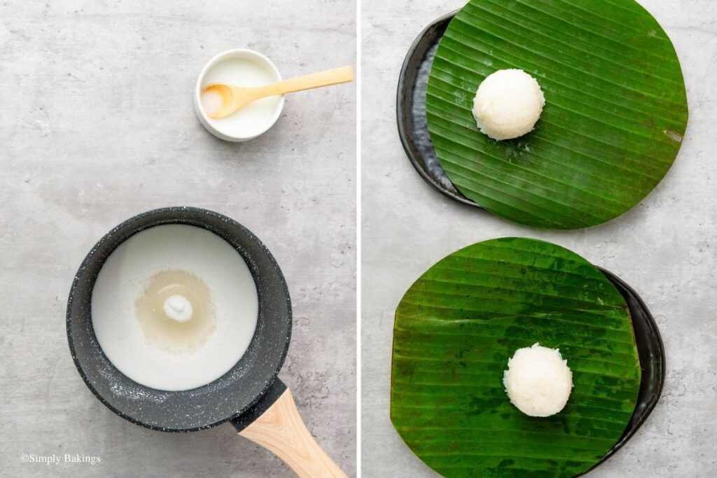 Sticky rice placed on banana leaves