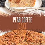 a slice of pear coffee cake served on a small white plate with a stainless fork