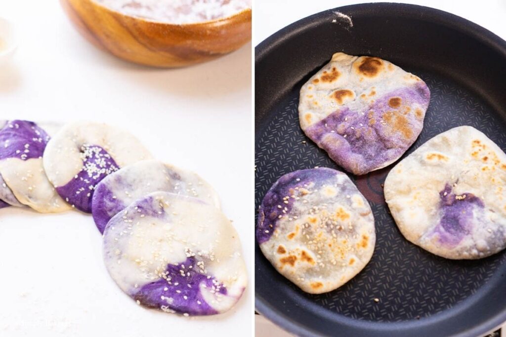 Piaya dough balls flattened and cooked in pan