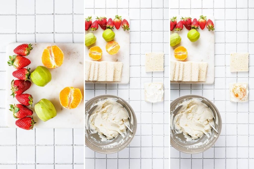 sliced fruit ingredients and spread the whipped cream on the crustless white bread
