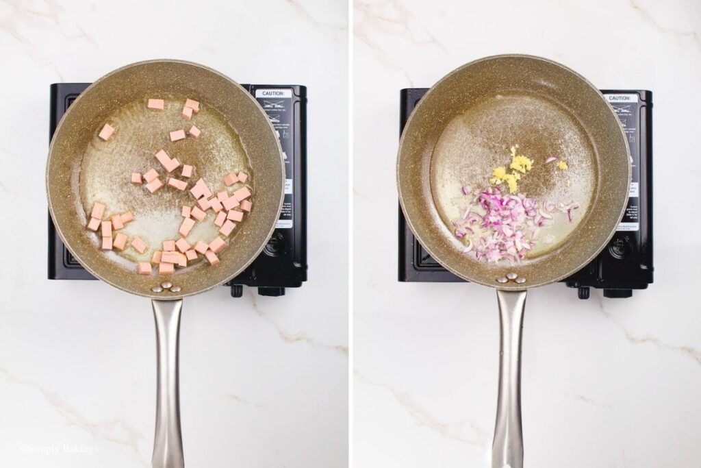 Vegan meat, onions and garlic sautéing in a skillet