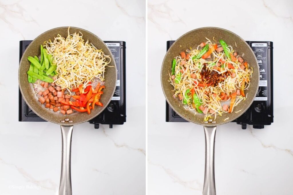 Bean sprouts and vegetables added to the pan