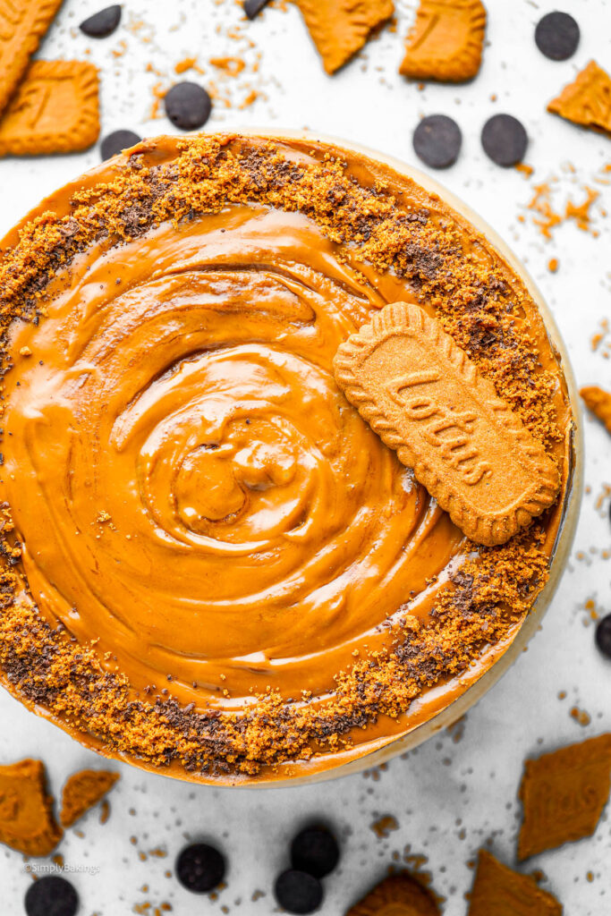 Biscoff biscuit over the No-Bake Biscoff Cheesecake