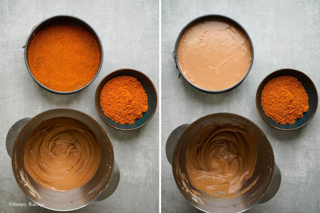 Batter poured into a cookie crust and smoothed into a pan