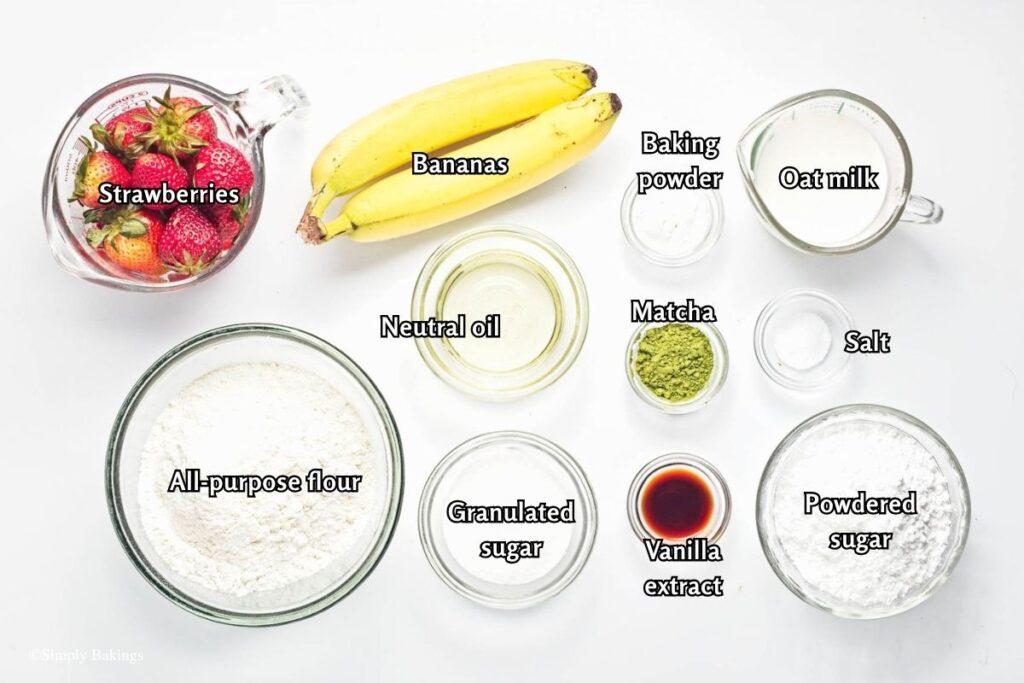 All ingredients for Strawberry Matcha Bread recipe