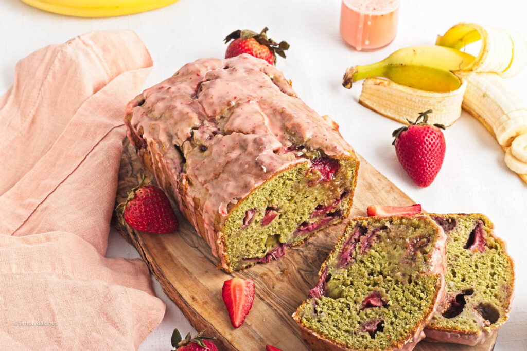 Strawberry Matcha Bread sliced at the center