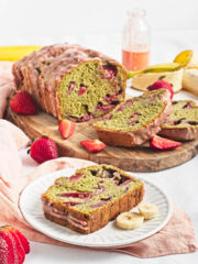 A slice of Strawberry Matcha Bread on a small white plate